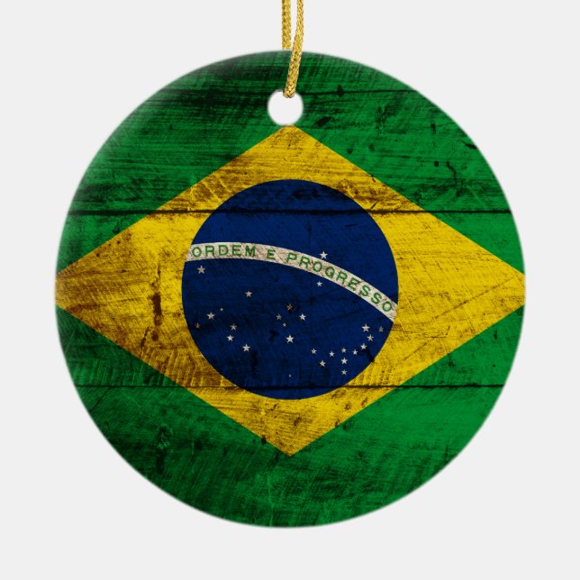 Adorno De Cerámica Bandera del Brasil en grano de madera viejo (Frente)