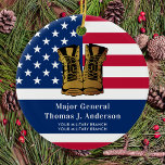 Adorno De Cerámica Bandera estadounidense personalizada del Ejército<br><div class="desc">Presentamos nuestro adorno patriótico diseñado especialmente para personal militar, veteranos y sus familias. Este hermoso adorno cuenta con la bandera estadounidense y la bandera estadounidense, así como botas de combate de oro, que simbolizan la valentía y dedicación de los valientes soldados que sirvieron a nuestro país. Para hacerlo aún más...</div>