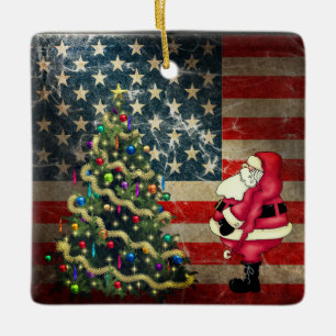 Adorno De Cerámica Bandera estadounidense personalizada, Santa, árbol