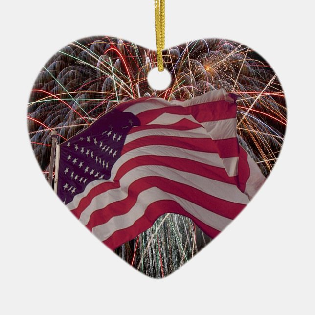 Adorno De Cerámica Bandera estadounidense y fuegos artificiales (Frente)
