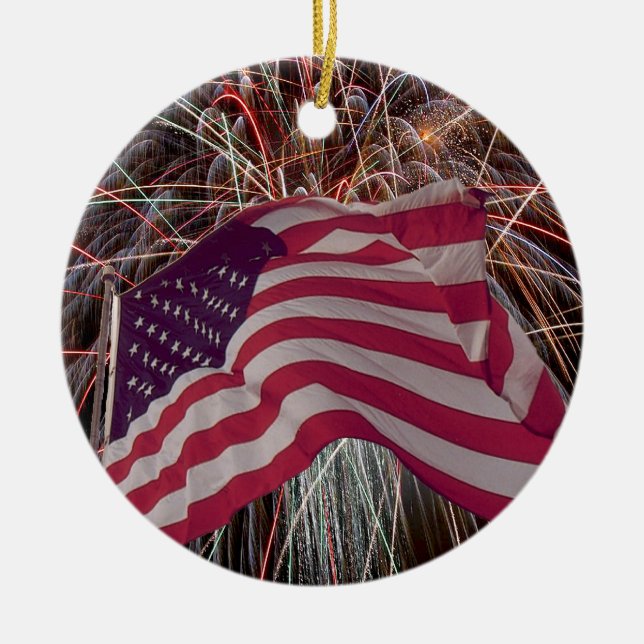 Adorno De Cerámica Bandera estadounidense y fuegos artificiales (Frente)