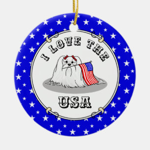 Adorno De Cerámica Bandera Patriótica Americana Perro Maltés de Estad