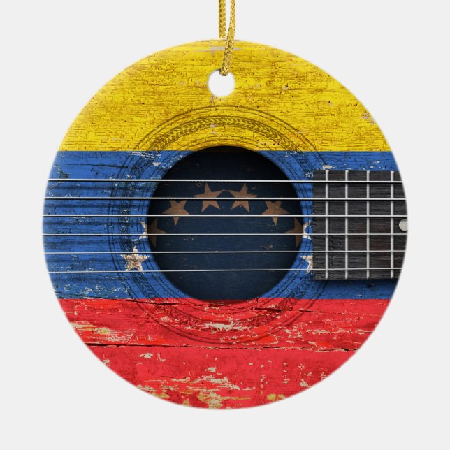 Adorno De Cerámica Bandera venezolana en la guitarra acústica vieja (Frente)