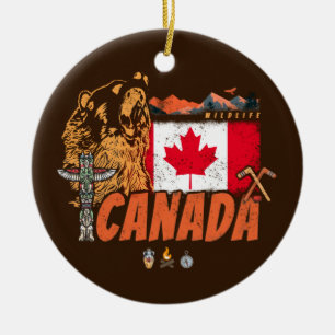 Adorno De Cerámica Bandera Vintage De Canadá Y Vacaciones De Oso Griz