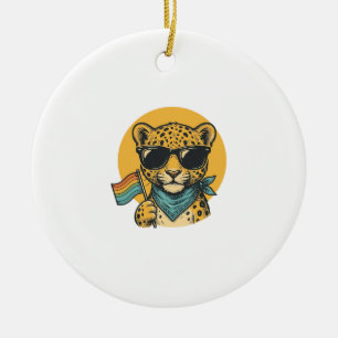 Adorno De Cerámica Bandera vintage del orgullo del leopardo arcoíris