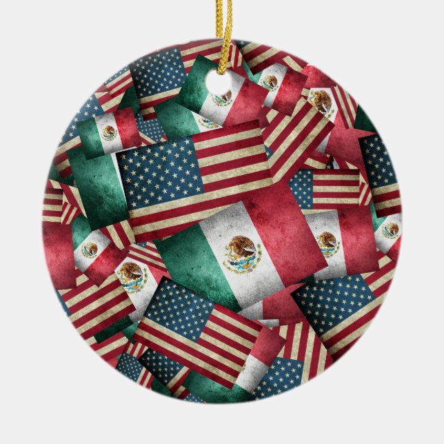 Adorno De Cerámica Banderas mexicana y estadounidense (Frente)