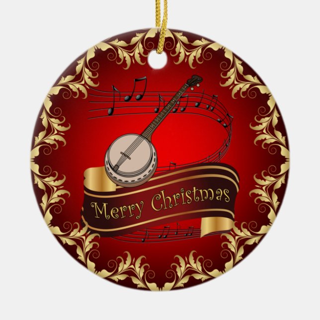 Adorno De Cerámica Banjo ~ Desplazamiento musical ~ Feliz Navidad ~ * (Frente)