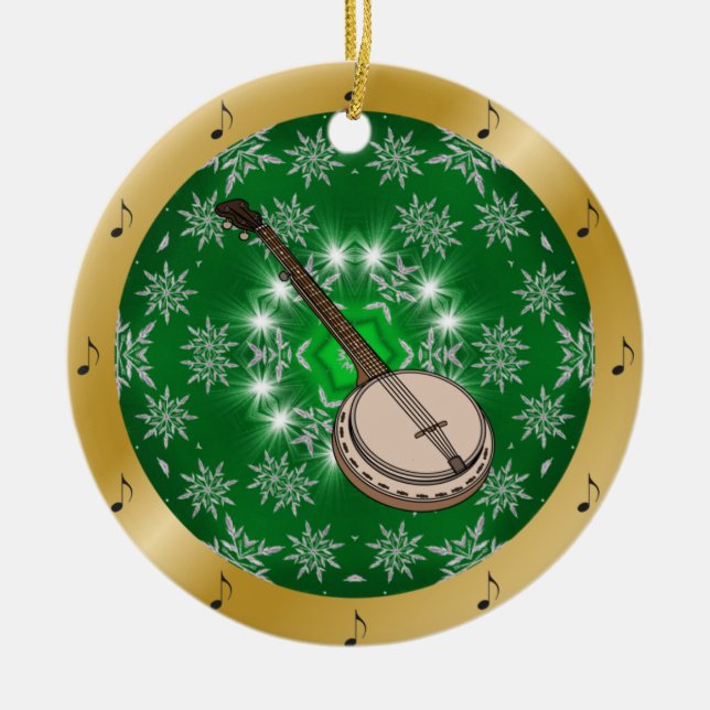 Adorno De Cerámica Banjo ~ Plata ~ Verde ~ Oro ~ Navidades ~ (Frente)