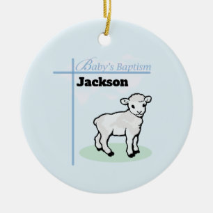 Adorno De Cerámica Baptism Blue Boy Lamb, Personalizable