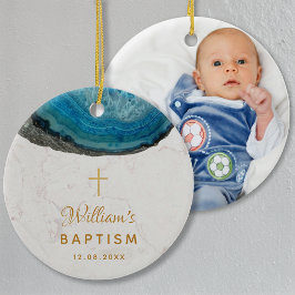 Adorno De Cerámica Baptism Boy Photo Blue Geode Marble Gold Cross