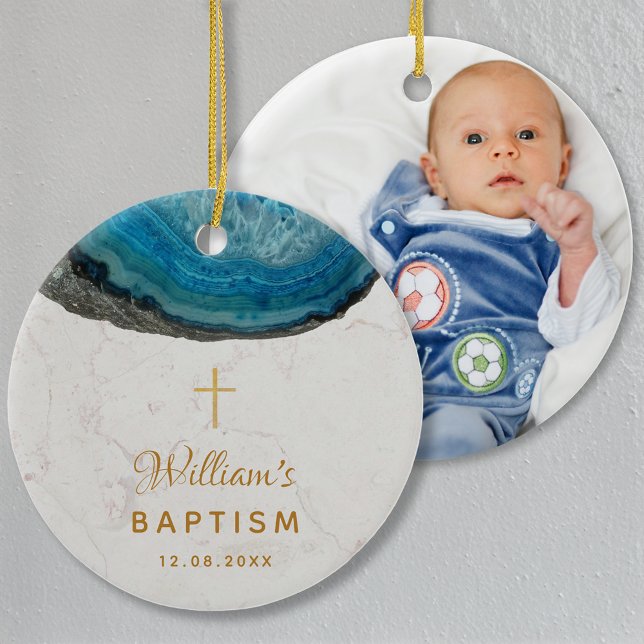 Adorno De Cerámica Baptism Boy Photo Blue Geode Marble Gold Cross (Subido por el creador)