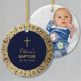 Adorno De Cerámica Baptism Boy Photo Vintage Rosas de oro azul