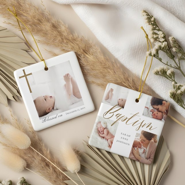 Adorno De Cerámica Baptism Calligraphy Photo Collage Baby Keepsake (Baptism Calligraphy Photo Collage Baby Keepsake Ceramic Ornament)