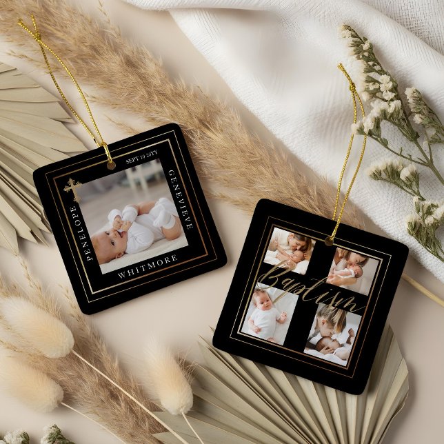 Adorno De Cerámica Baptism Calligraphy Photo Collage Black & Gold (Baptism Calligraphy Photo Collage Black & Gold Ceramic Ornament)