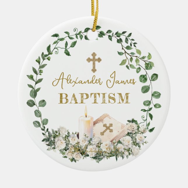 Adorno De Cerámica Baptism Eucalyptus Roses Cross Photo (Frente)