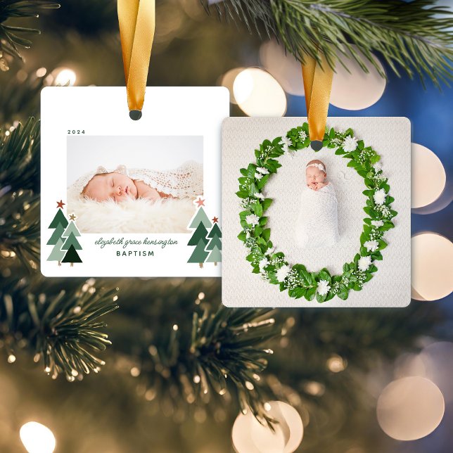 Adorno De Cerámica Baptismo Primera Navidad Árboles Rústicos Foto (Baptism First Christmas Rustic Trees Photo Ceramic Ornament)