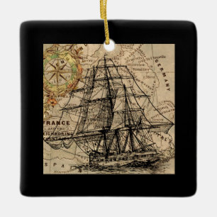 Adorno De Cerámica Barco Antiguo y Mapa