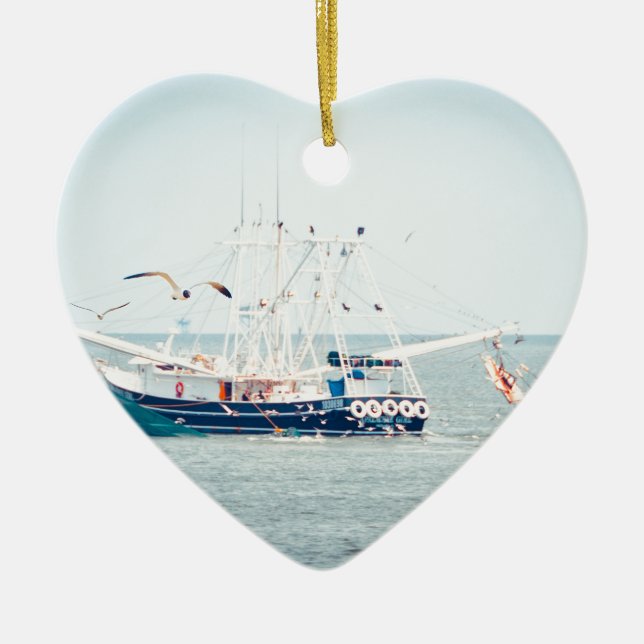 Adorno De Cerámica Barco azul del camarón en el océano (Frente)