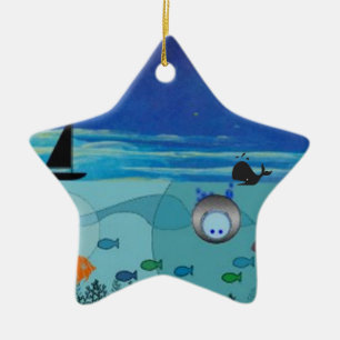 Adorno De Cerámica Barco, ballena, buceador, escena del océano de lo