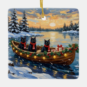 Adorno De Cerámica Barco de Navidad de Gato Negro Fiesta