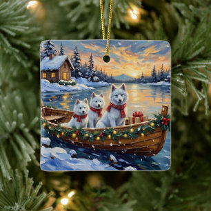 Adorno De Cerámica Barco de Navidad de Samoyedo Blanco Fiesta