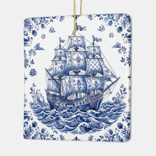 Adorno De Cerámica Barco Mercante Estilo Delft Azul Blanco