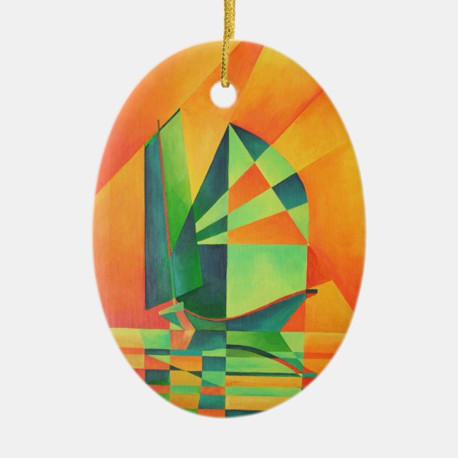 Adorno De Cerámica Barcos de basura chinos navegan en Naranja Sunrise (Frente)