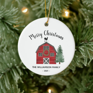 Adorno De Cerámica Barn Farm Country Merry Christmas Family Name