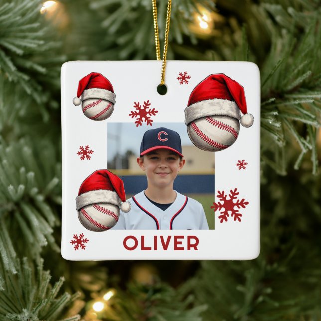 Adorno De Cerámica Baseball Ball Santa Hat Name Photo Christmas  (Árbol)