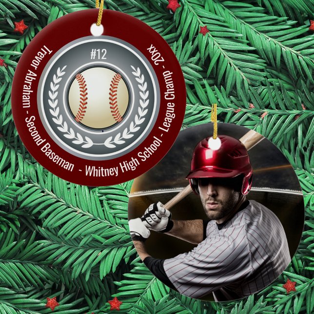 Adorno De Cerámica Baseball Player School Silver Gray Red Photo (Personalized baseball ornament featuring team colors, photo, name, number, and school details.)