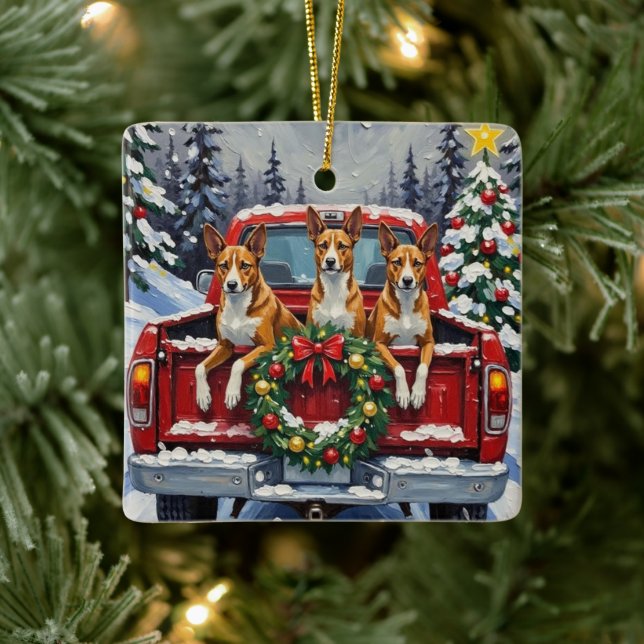 Adorno De Cerámica Basenji Christmas Red Truck Holiday (Árbol)