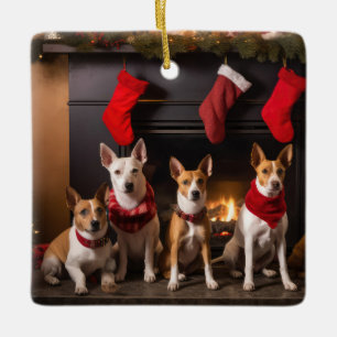 Adorno De Cerámica Basenji junto a la chimenea Navidad