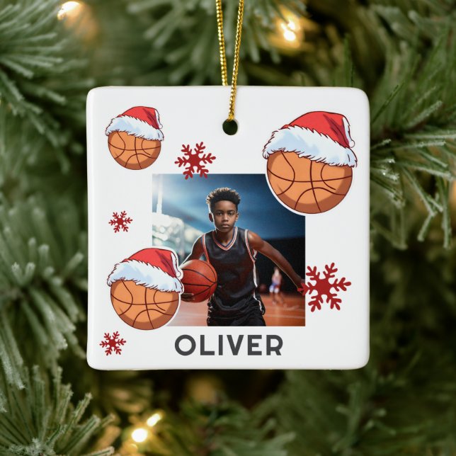 Adorno De Cerámica Basketball Ball Santa Hat Name Photo Christmas  (Árbol)