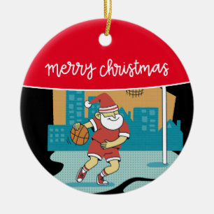 Adorno De Cerámica Básquetbol Feliz Navidad con Santa Claus