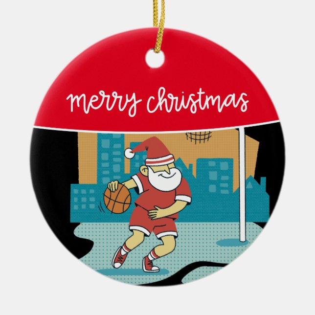 Adorno De Cerámica Básquetbol Feliz Navidad con Santa Claus (Frente)