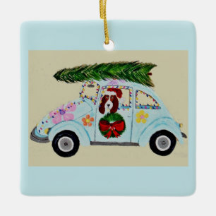 Adorno De Cerámica Basset Hound de Navidad en coche hippie