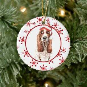Adorno De Cerámica Basset Hound Santa Hat Red Snowflake