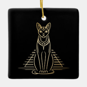 Adorno De Cerámica Bastet, diosa egipcia del gato frente a una pirámi