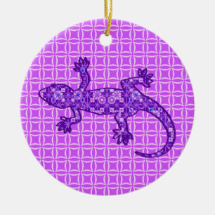 Adorno De Cerámica batik tribal Gecko - violeta y amatista morado