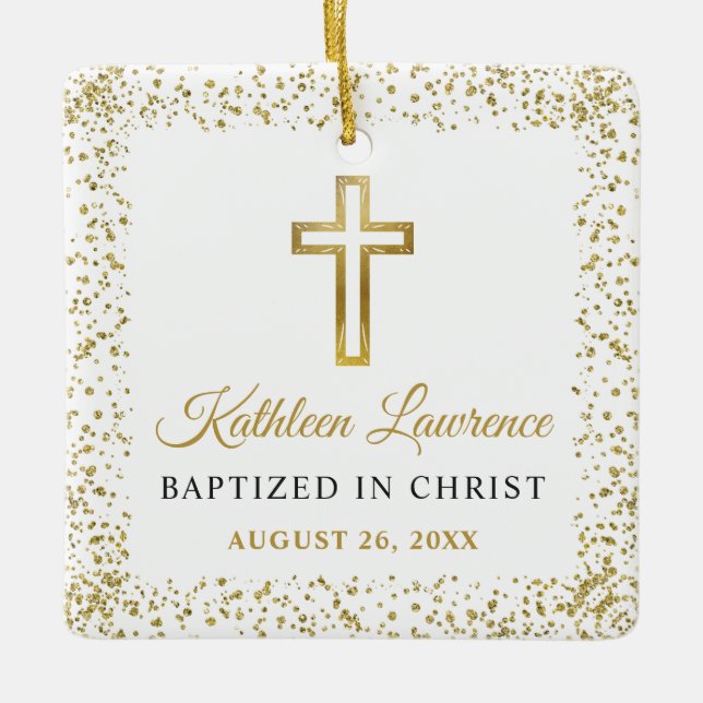 Adorno De Cerámica Bautismo Chica cruzado de Purpurina de oro fotográ (Anverso)