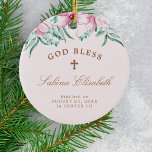Adorno De Cerámica Bautismo chica floral rosa personalizado Dios bend<br><div class="desc">Flores de magnolia rosa de color de agua,  follaje verde y hojas de eucalipto y un elegante guión caligráfico de estilo manuscrito que hace de un hermoso bautismo chica Navidades personalizados mantener adorno de árbol de sake.</div>