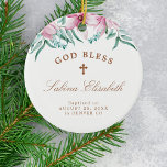 Adorno De Cerámica Bautismo chica floral rosa personalizado Dios bend<br><div class="desc">Flores de magnolia rosa de color de agua,  follaje verde y hojas de eucalipto y un elegante guión caligráfico de estilo manuscrito que hace de un hermoso bautismo chica Navidades personalizados mantener adorno de árbol blanco.</div>