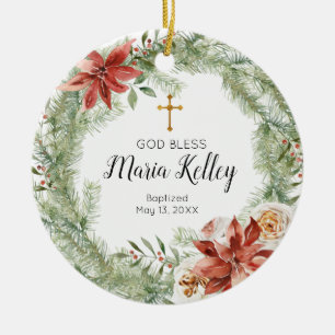 Adorno De Cerámica Bautismo Chica personalizado de Poinsettia Wreath
