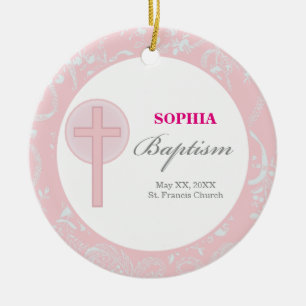 Adorno De Cerámica Bautismo rosado del chica del cordón