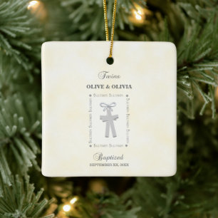 Adorno De Cerámica Bautizo de gemelos en cruces amarillas personaliza