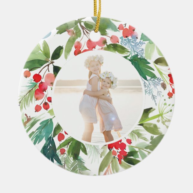 Adorno De Cerámica Bayas y verdor del invierno de la acuarela (Frente)