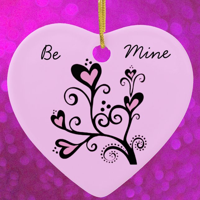 Adorno De Cerámica Be Mine Valentine Pink Heart Tree (Black branch with pink heart shaped flowers and swirls on Be mine pink heart shaped ornament.)