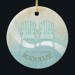 Adorno De Cerámica Beach House Adirondack Chairs Aqua Blue ID623<br><div class="desc">This ceramic ornament design in the soft colors of sea and sand allows you to easily add your own name and text using the provided template. The simple Adirondack chairs image on a distressed, watercolor background is highlighted by a wave accent in aqua and white. Search ID623 to see coordinating...</div>