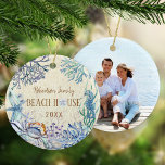 Adorno De Cerámica Beach House Coastal Christmas Photo<br><div class="desc">This Beach House coastal Christmas ornament has the family name and year on the front, with a family photo on the back. The coastal design features a watercolor underwater coral reef, with a cute seahorse, crab, seaweed and coral, starfish and seashells. If you need more matching products, please visit the...</div>