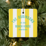 Adorno De Cerámica Beach House Custom Name Yellow Cabana Stripe<br><div class="desc">Celebra la temporada de vacaciones con un toque de encanto costero a través de nuestro Beach House Custom Name Yellow Cabana Stripe Ceramic Christmas Ornament. Este adorno de bonito diseño combina la calidez de la vida en la playa con la alegría festiva, convirtiéndolo en el lugar perfecto para su casa...</div>